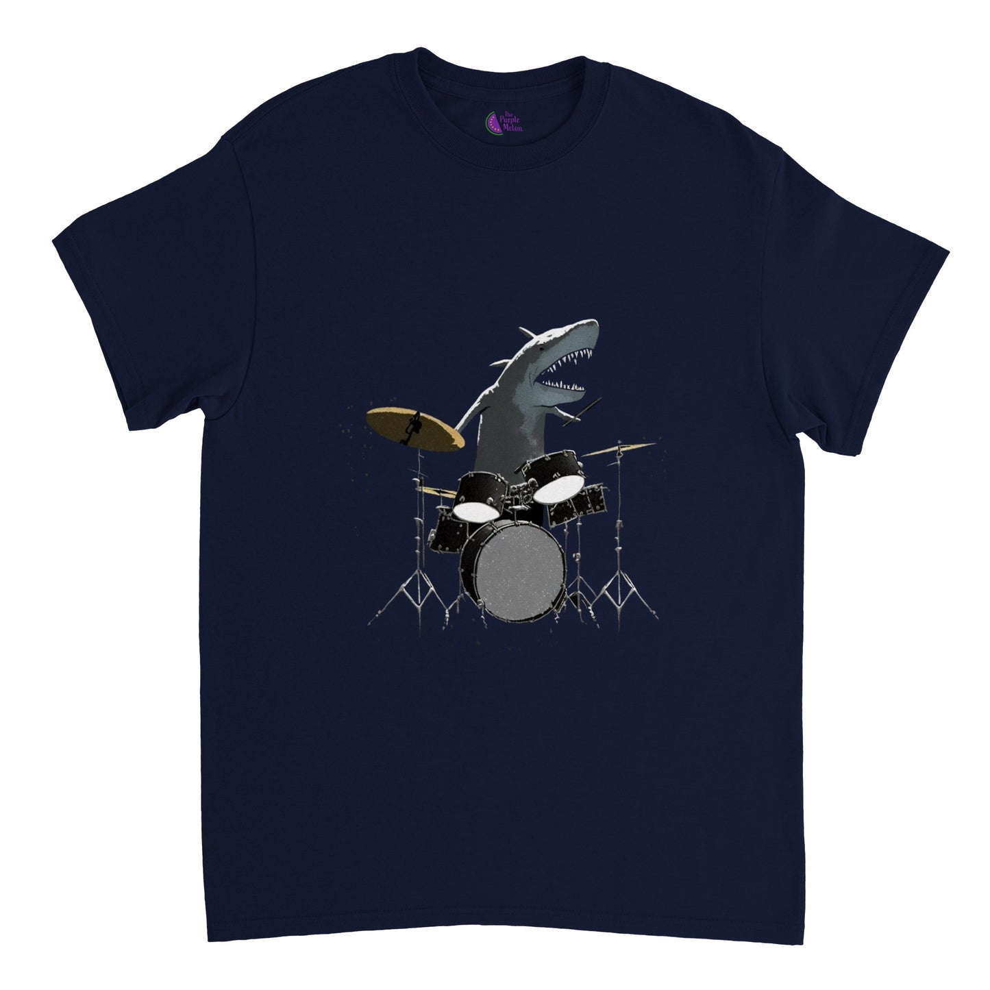A navy t-shirt with a shark playing drums illustration