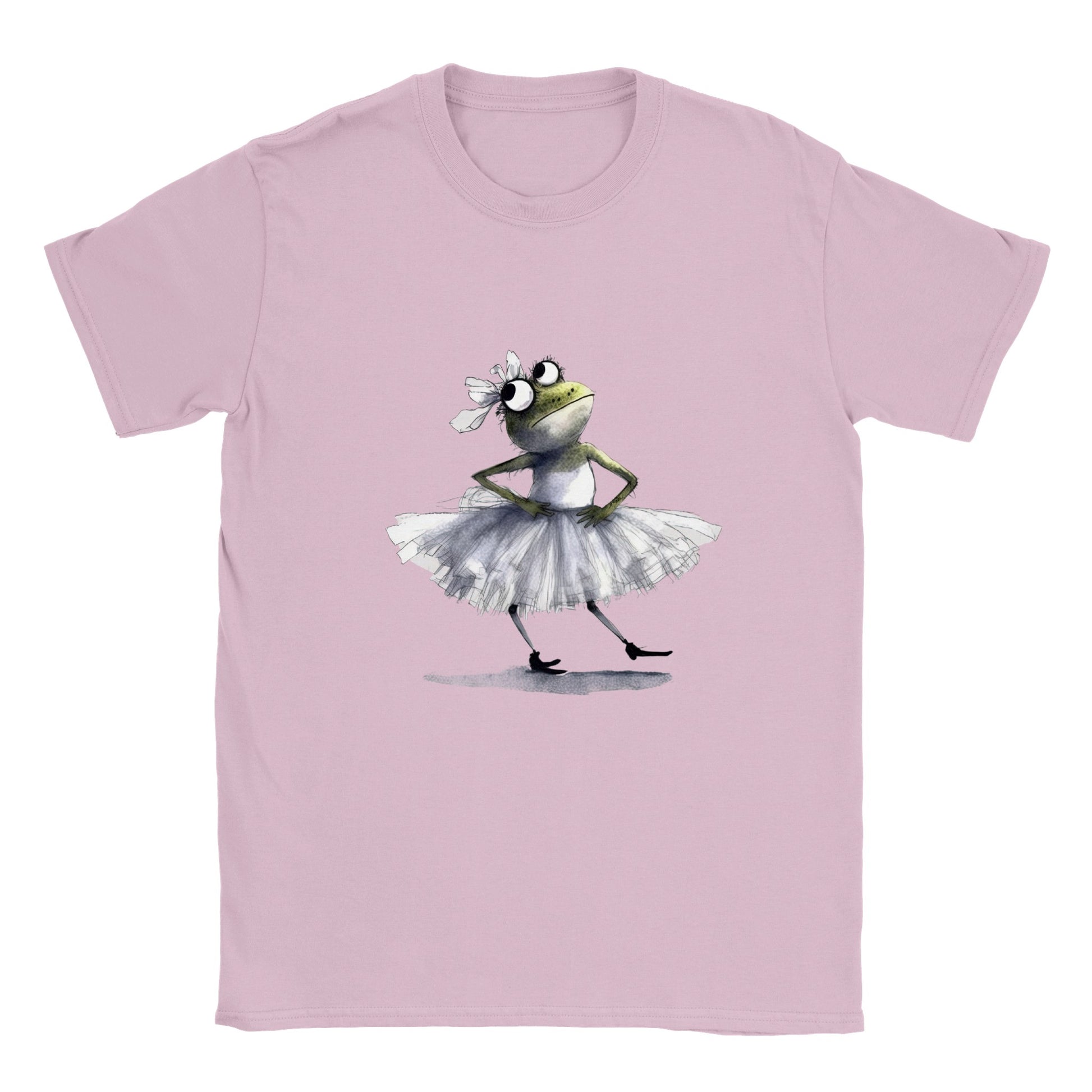 pink t-shirt with a ballerina frog in a a tutu print