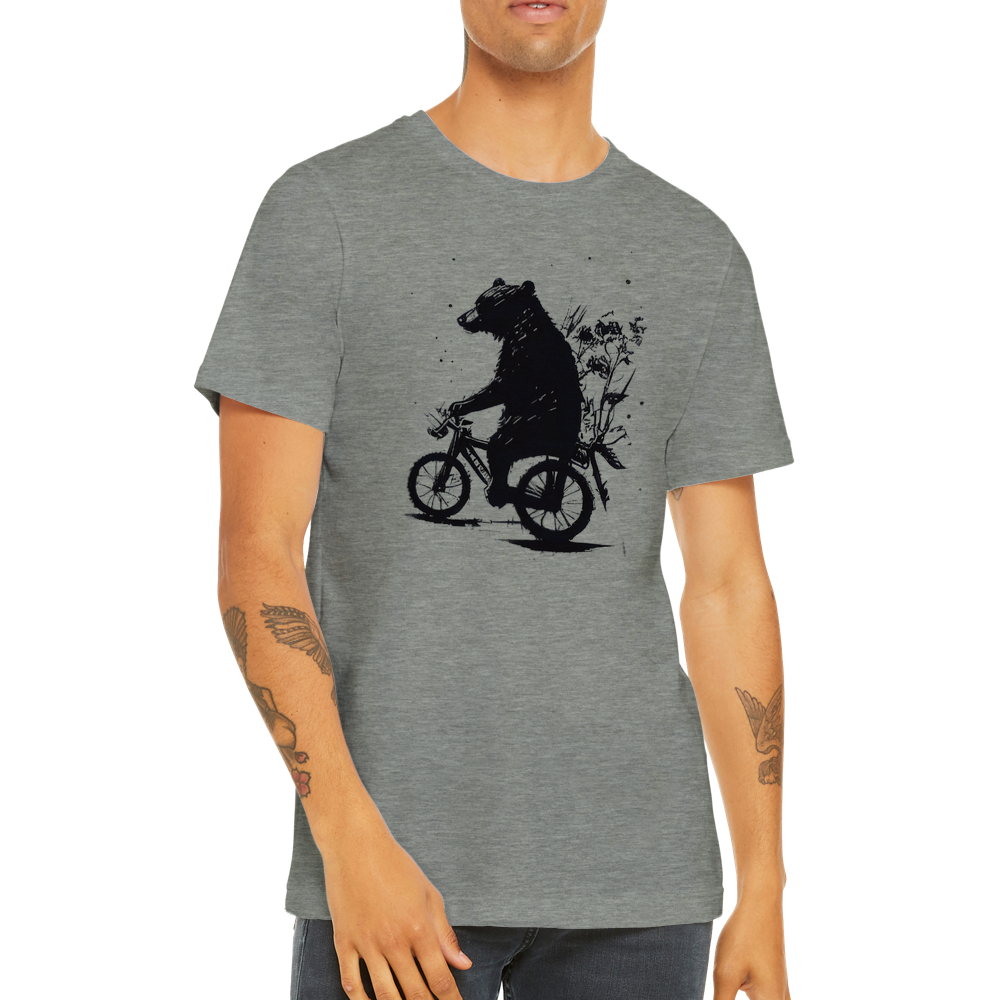 A guy wearing a grey t-shirt with a bear riding a bike print