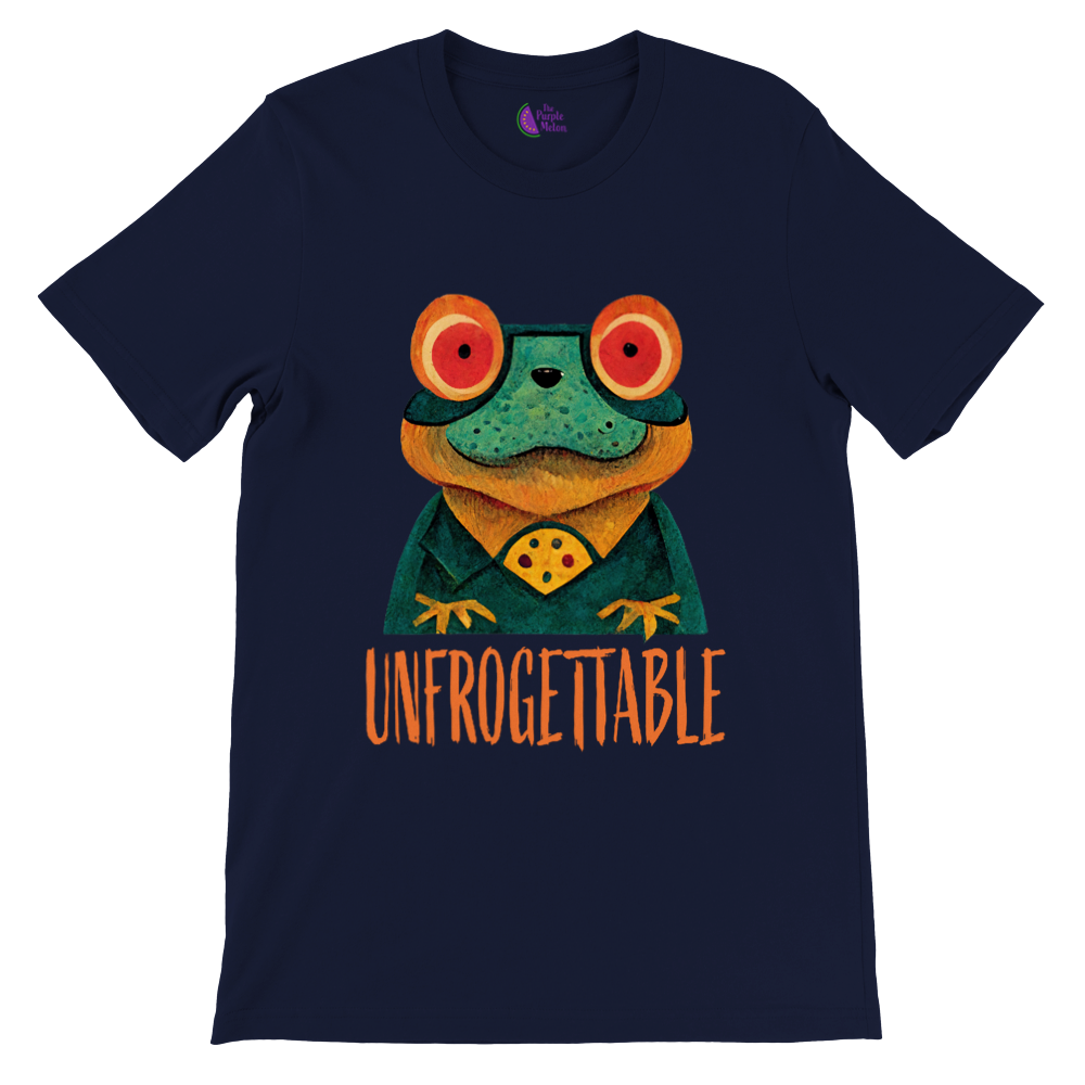 Navy blue t-shirt with a cute frog print with the caption Unfrogettable