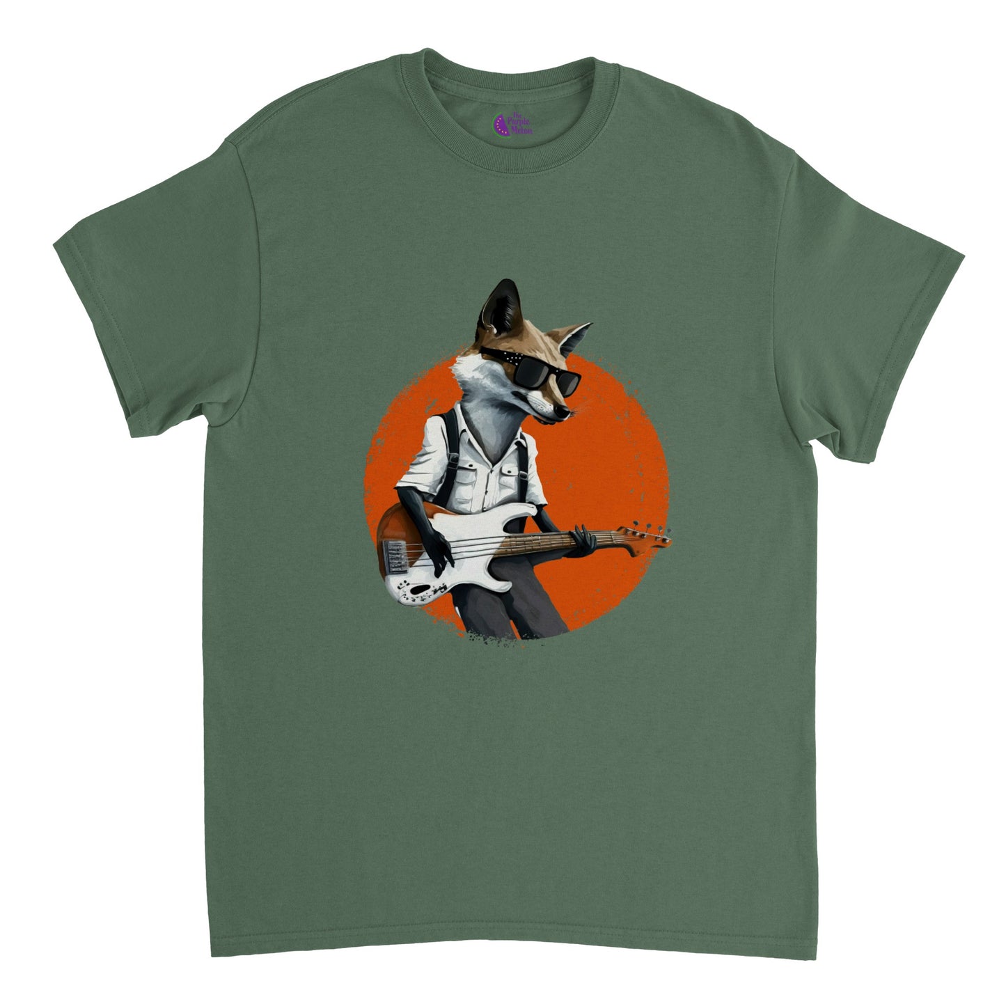Green t-shirt with a print of a fox in sunglasses playing the bass guitar