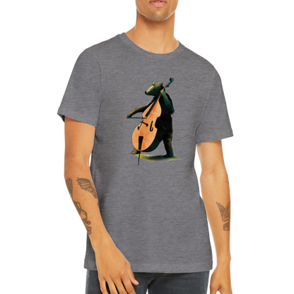 Man wearing a grey t-shirt with a bear playing the double bass print