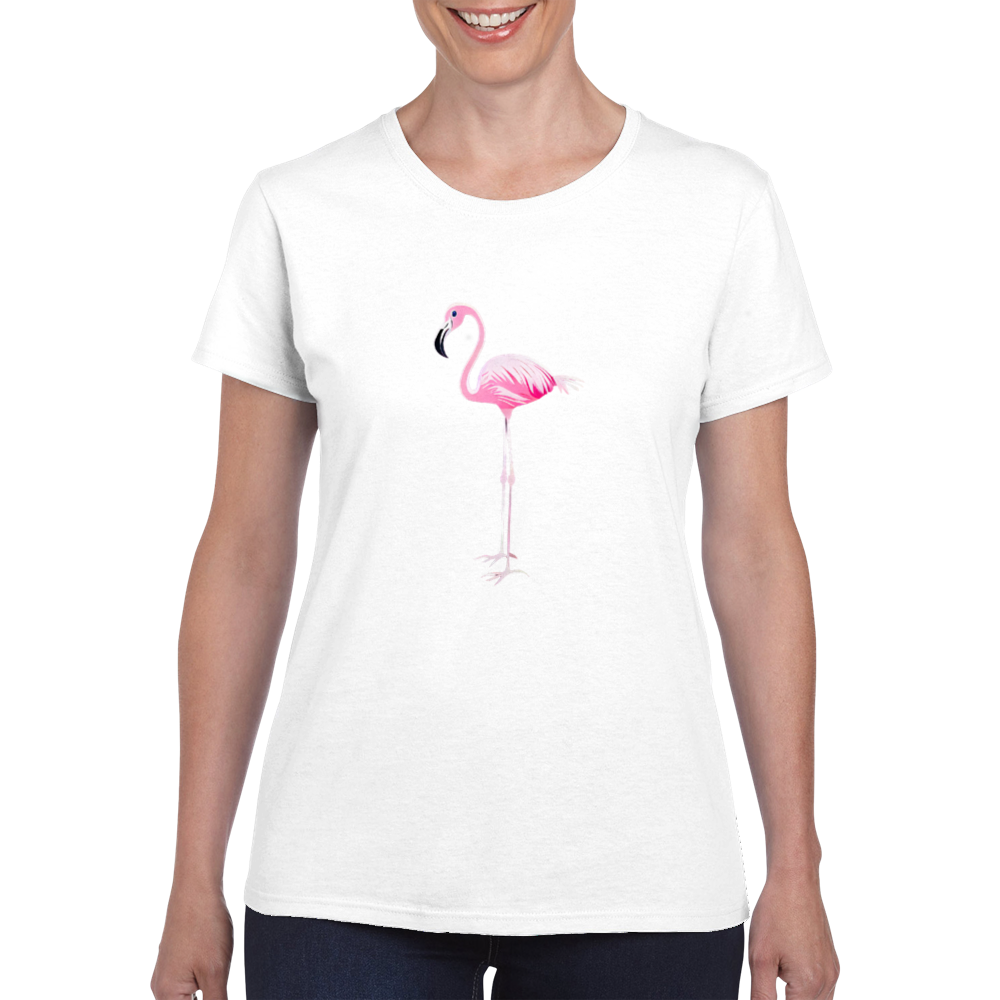 a woman wearing a white t-shirt with a pink flamingo print