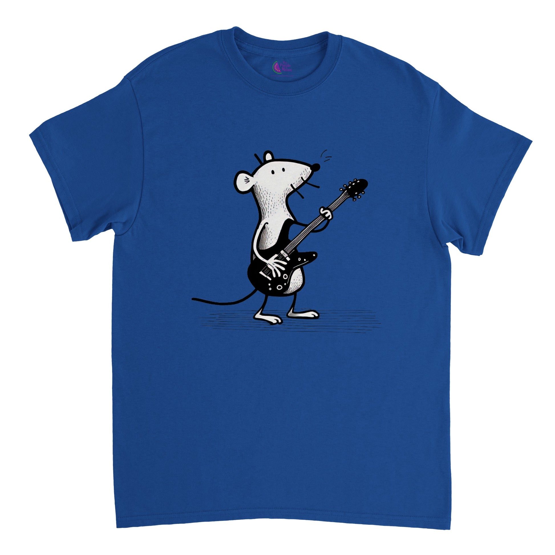 Blue t-shirt with a mouse playing guitar print