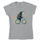 A light grey t-shirt with a cute bear riding a bicycle with a basket of flowers print