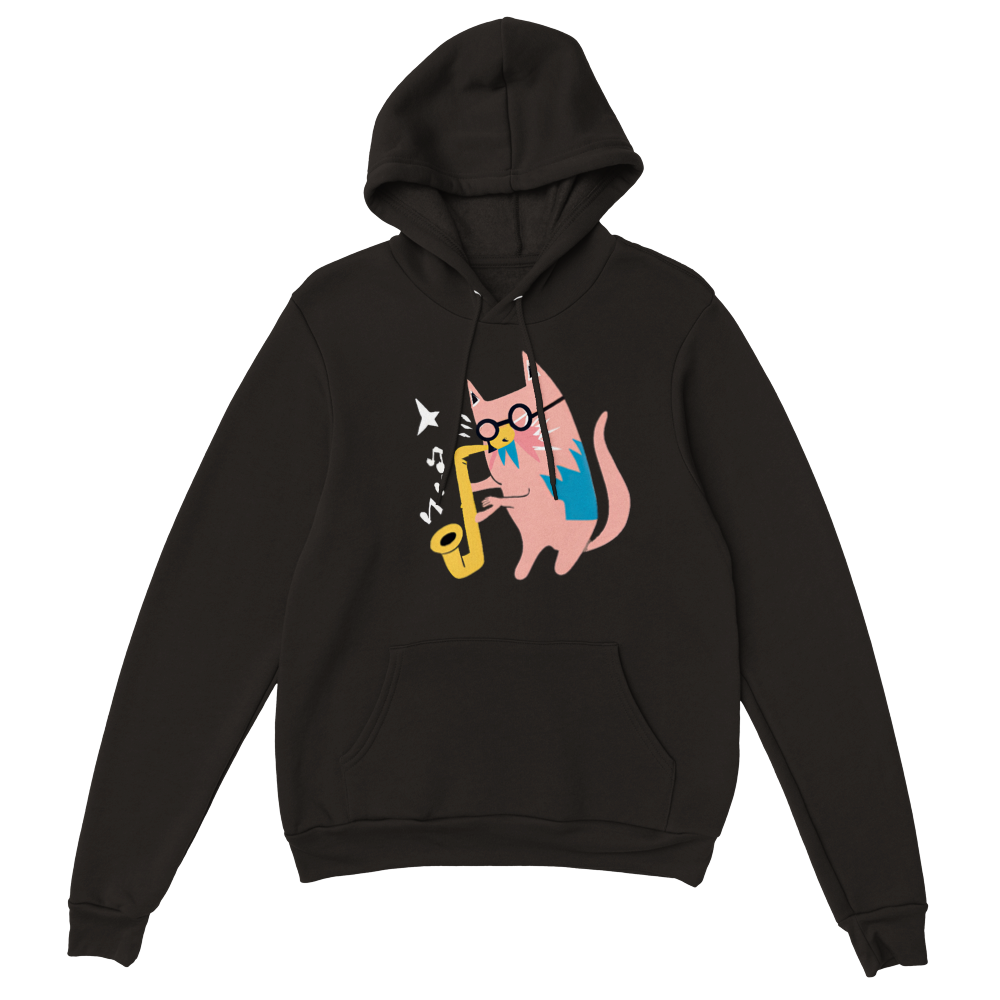 Pink Cat Playing a Saxophone Premium Unisex Pullover Hoodie.