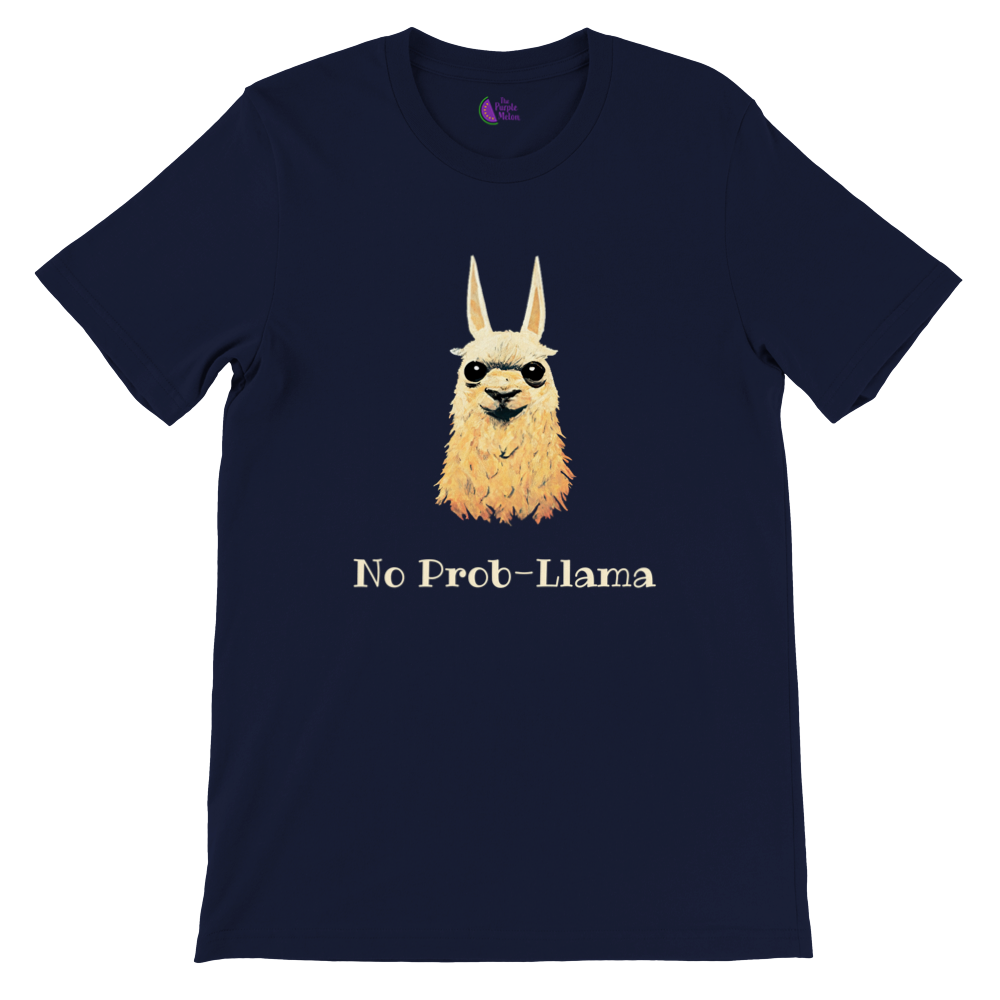 navy blue t-shirt with a cute no prob-llama print