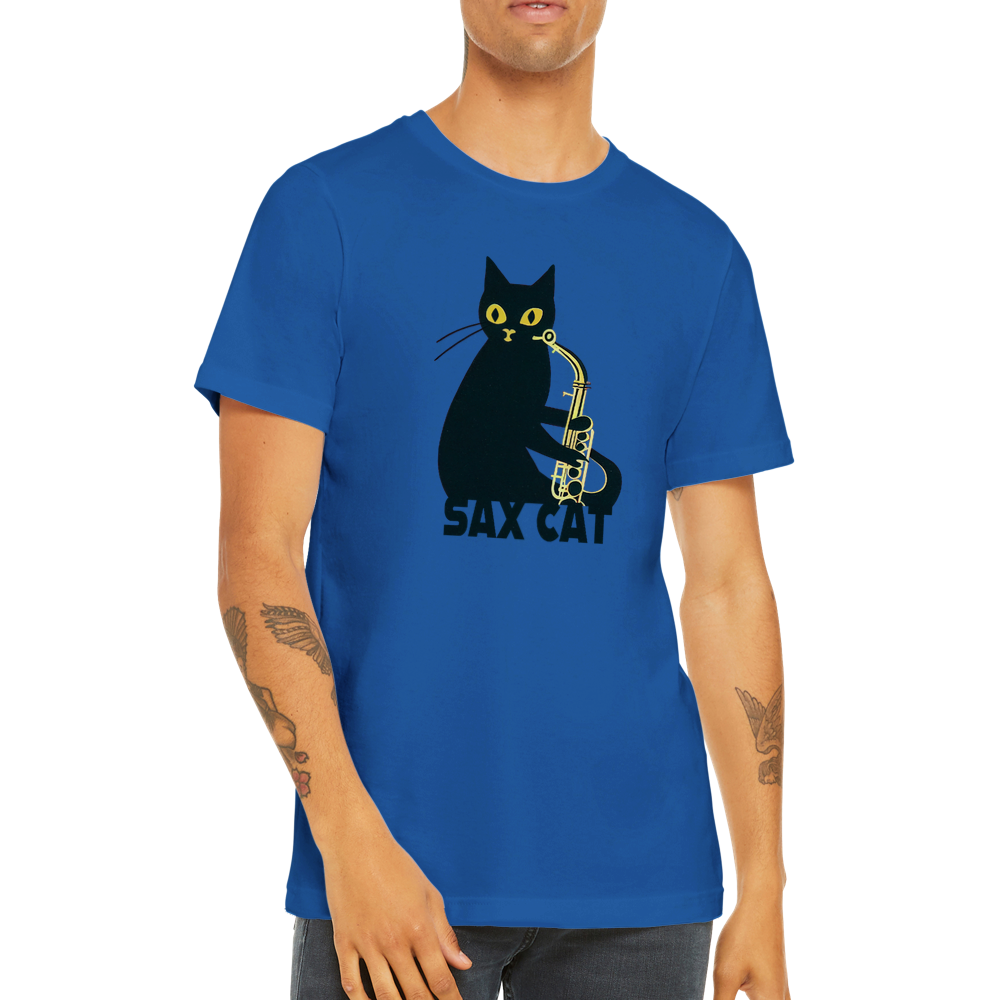 Royal Blue t-shirt with a sax cat print
