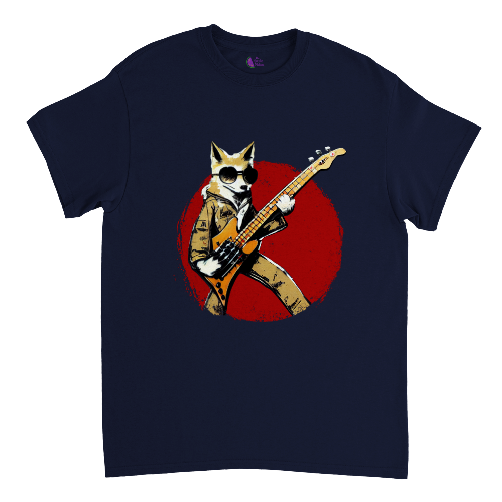 Cool fox playing bass guitar print on navy t-shirt