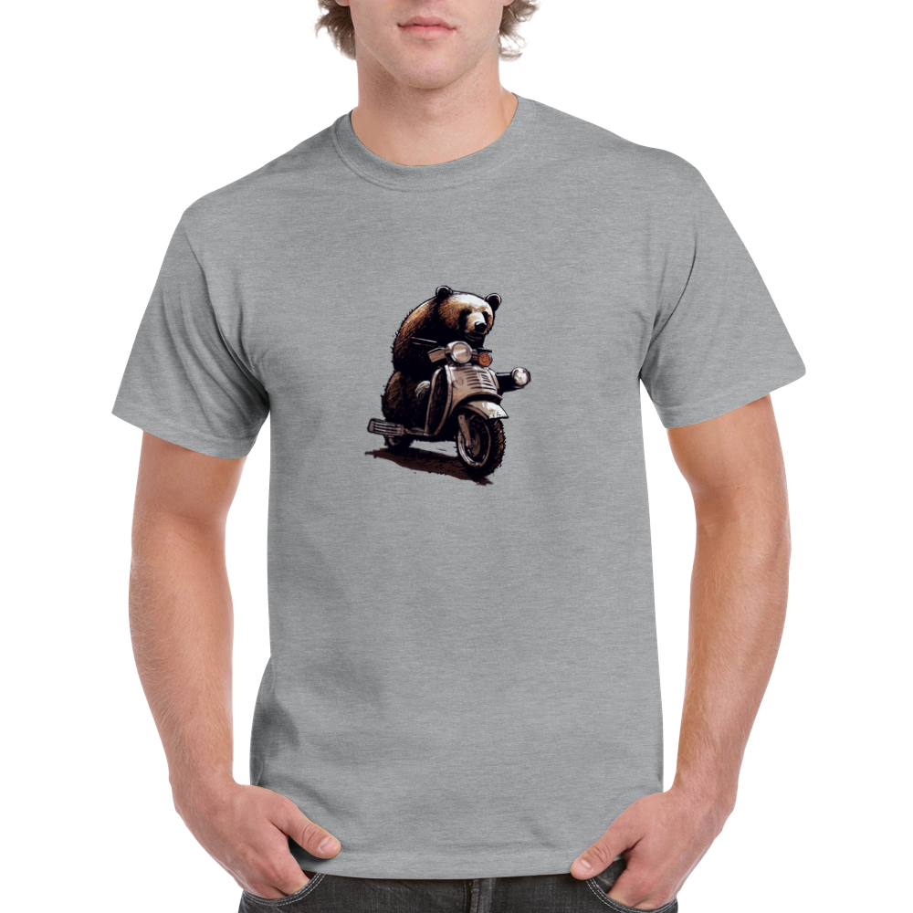 man wearing a grey t-shirt with a bear riding a motor scooter