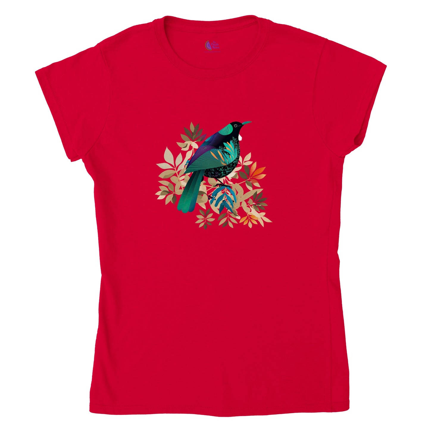 Red t-shirt with a contemporary new zealand tui bird print