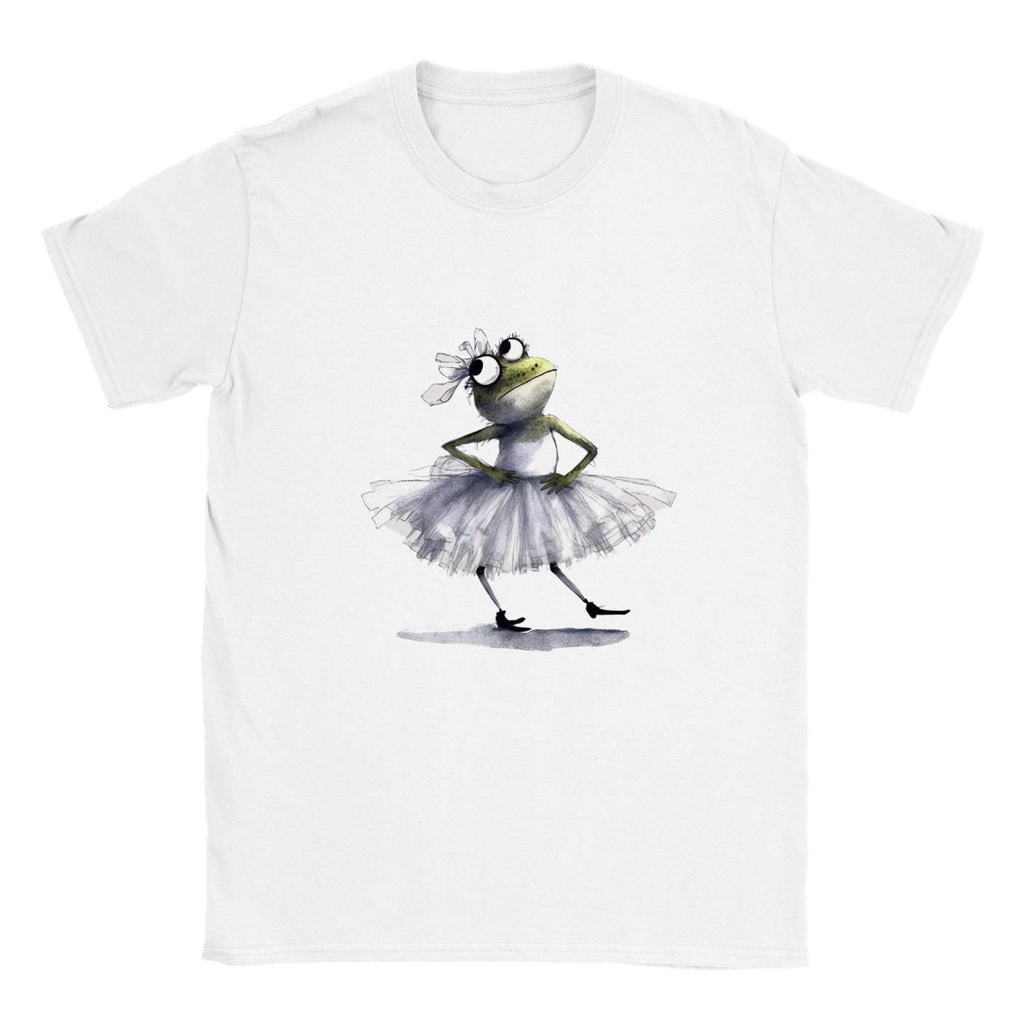 white kids t-shirt with a ballerina frog in a a tutu print