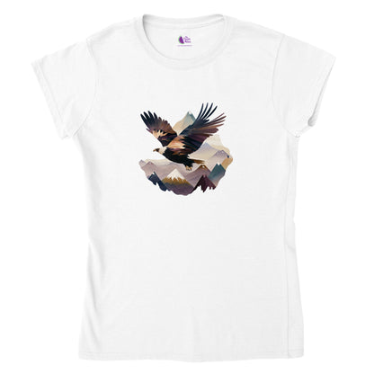 White t-shirt with an eagle flying over a mountain range print