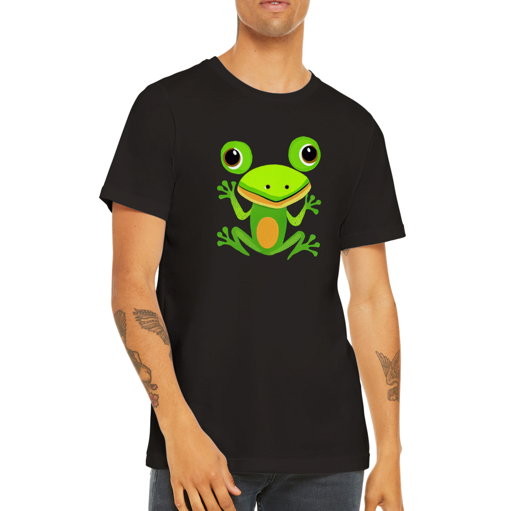 guy wearing black t-shirt with cute fromg print