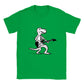 t-rex dinosaur wearing a tie playing the guitar on a green t-shirt
