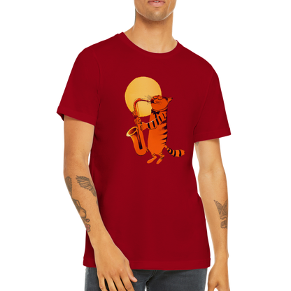 Cat Playing the Saxophone Under the Full Moon Premium Unisex Crewneck T-shirt.