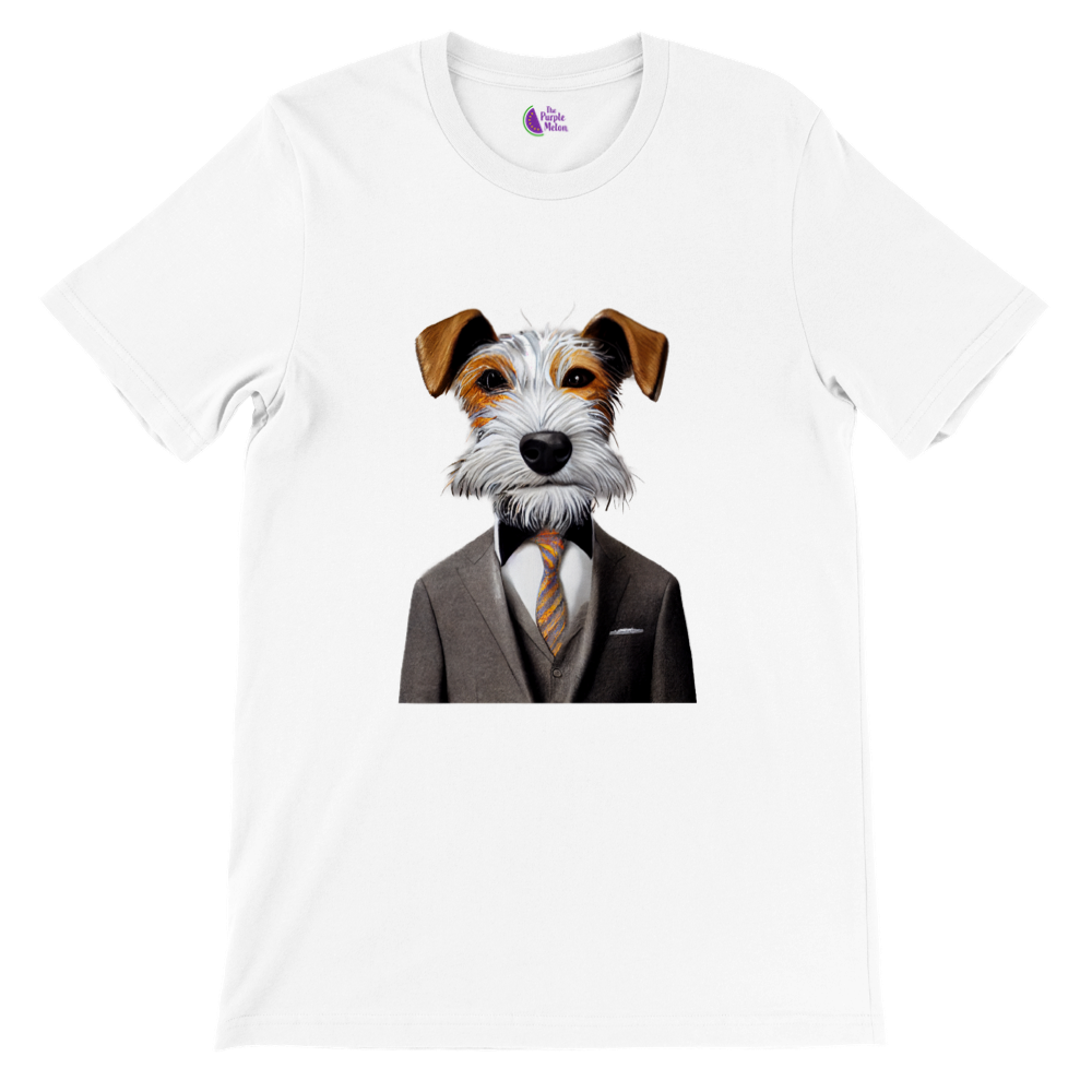 white t-shirt with a fox terrier in a suit print