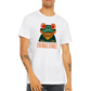 guy wearing a white t-shirt with a cute frog print with the caption Unfrogettable