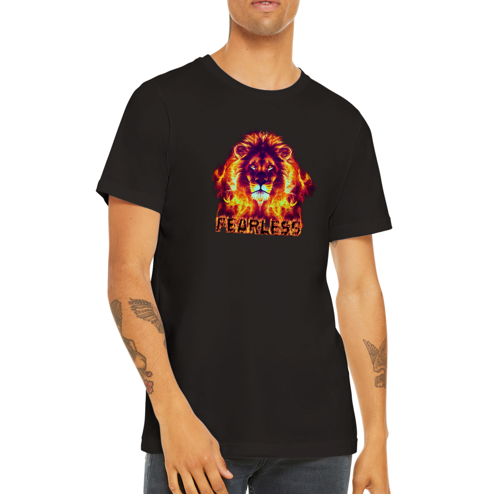 navy blue t-shirt with a flaming lion and fearless caption print