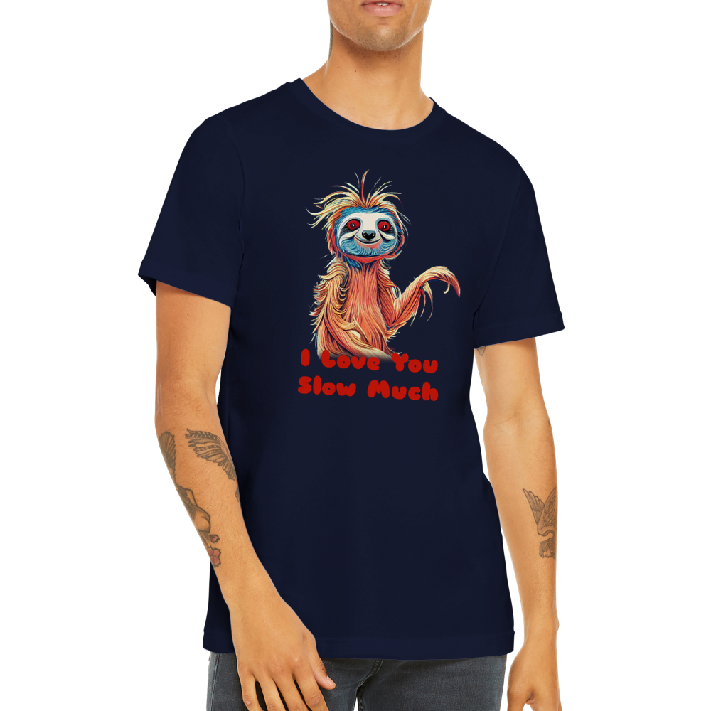 guy wearing a navy t-shirt with a sloth and the caption I love you slow much