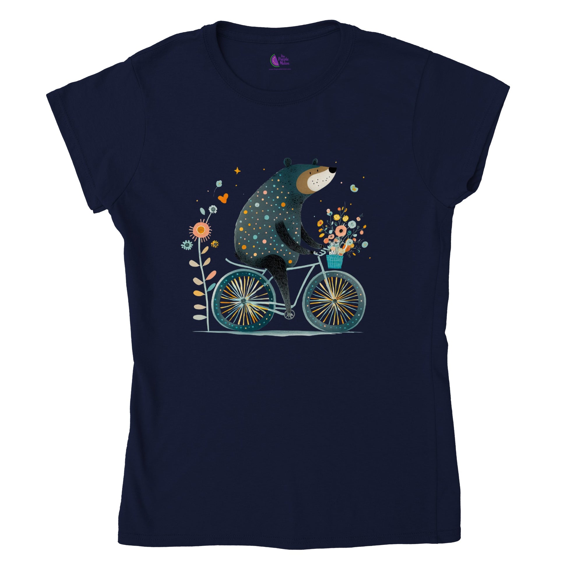 A navy t-shirt with a cute bear riding a bicycle with a basket of flowers print