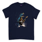 Navy t-shirt with a t-rex shredding out on a guitar print