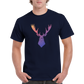 navy blue t-shirt with a rainbow moose print