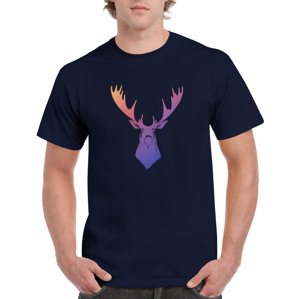 navy blue t-shirt with a rainbow moose print