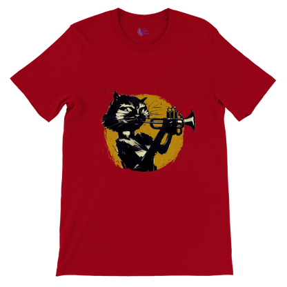 Red t-shirt with a cat playing the trumpet print