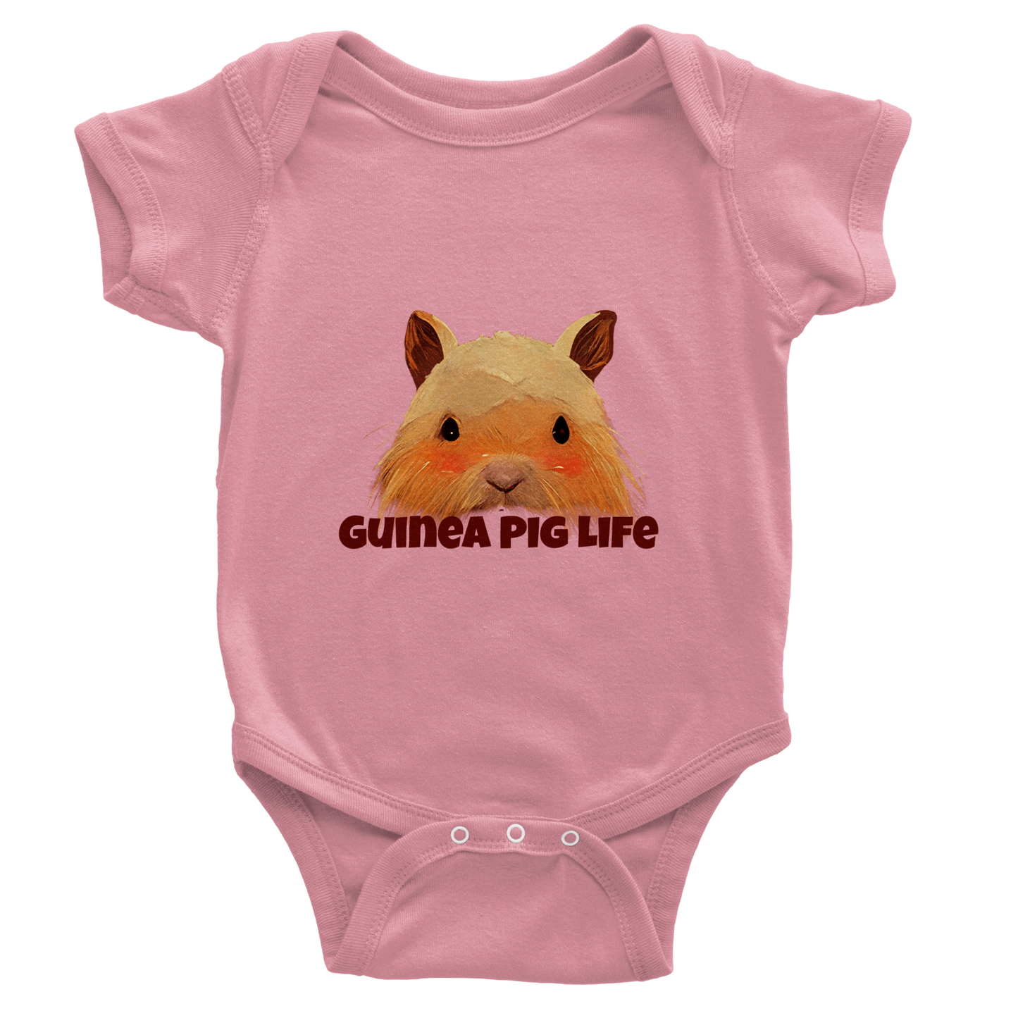 Pink short sleeve baby onesie with cute Guinea Pig life print
