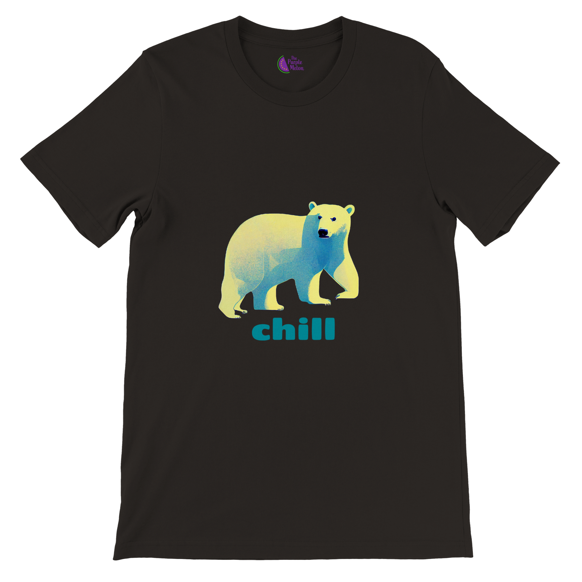 black t-shirt with a polar bear print with chill caption