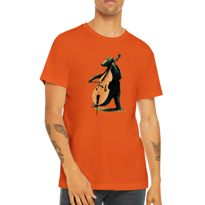 Man wearing an orange t-shirt with a bear playing the double bass print