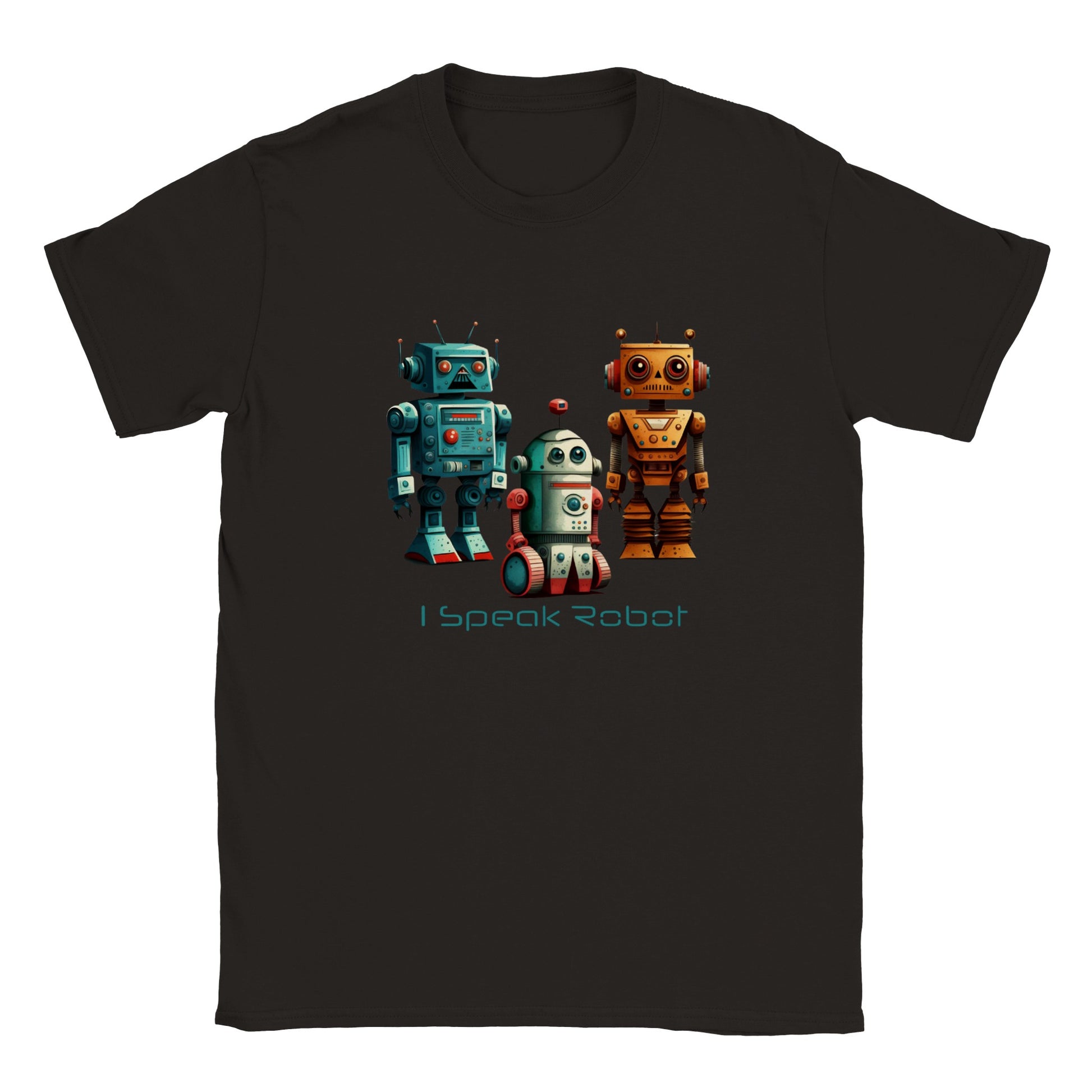 Black t-shirt with 3 robots and the caption I speak robot