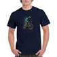 Guy wearing a navy blue t-shirt with a happy bear riding a bike print