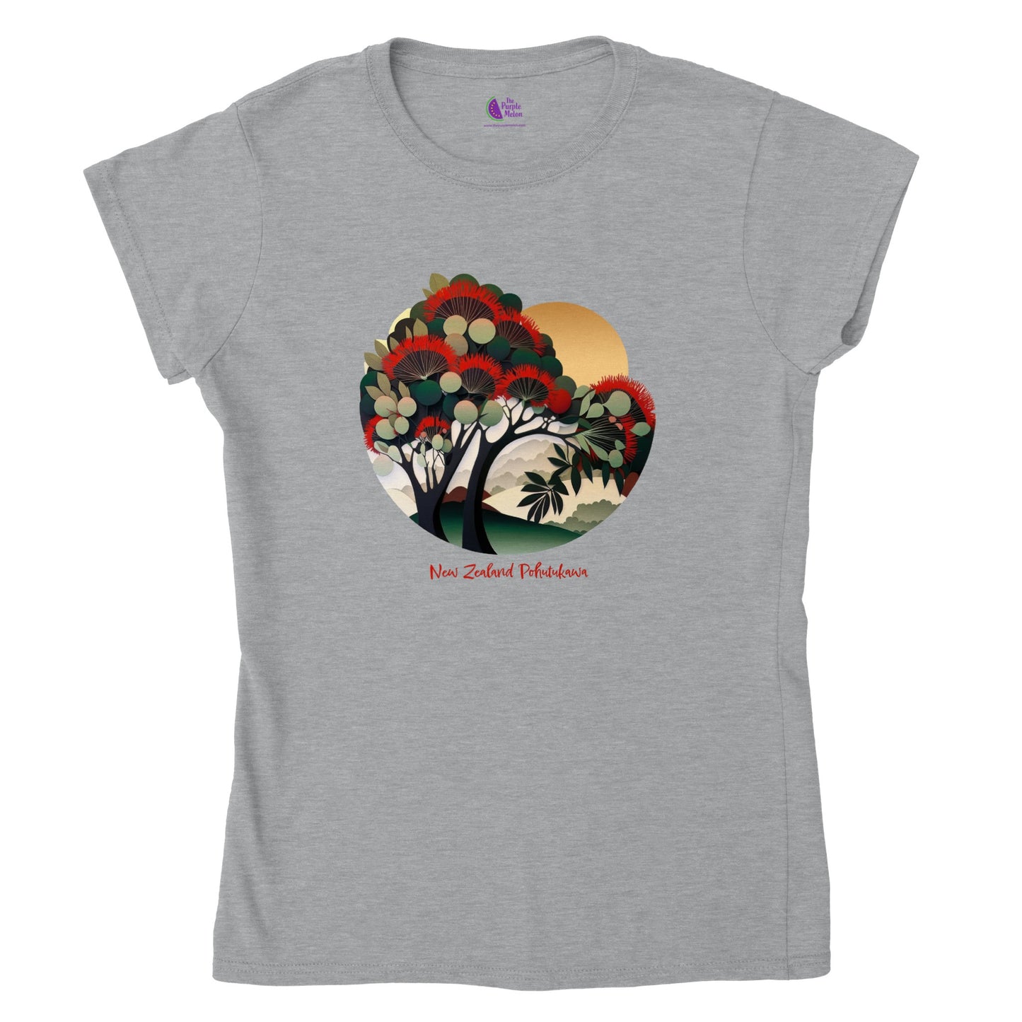 grey t-shirt with a new zealand pohutukawa tree print