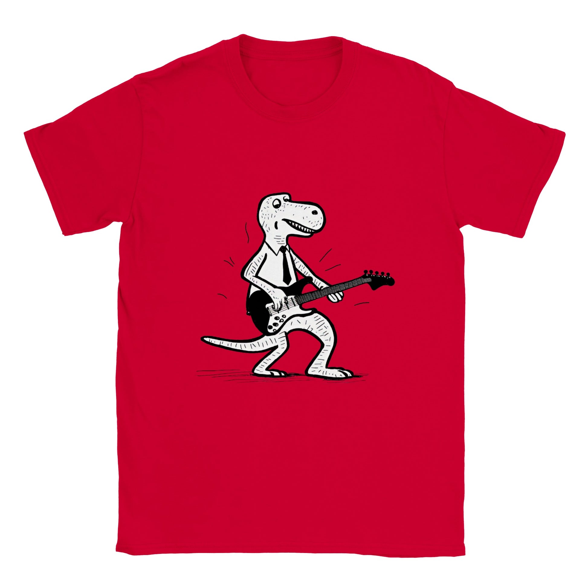 t-rex dinosaur wearing a tie playing the guitar on a red t-shirt