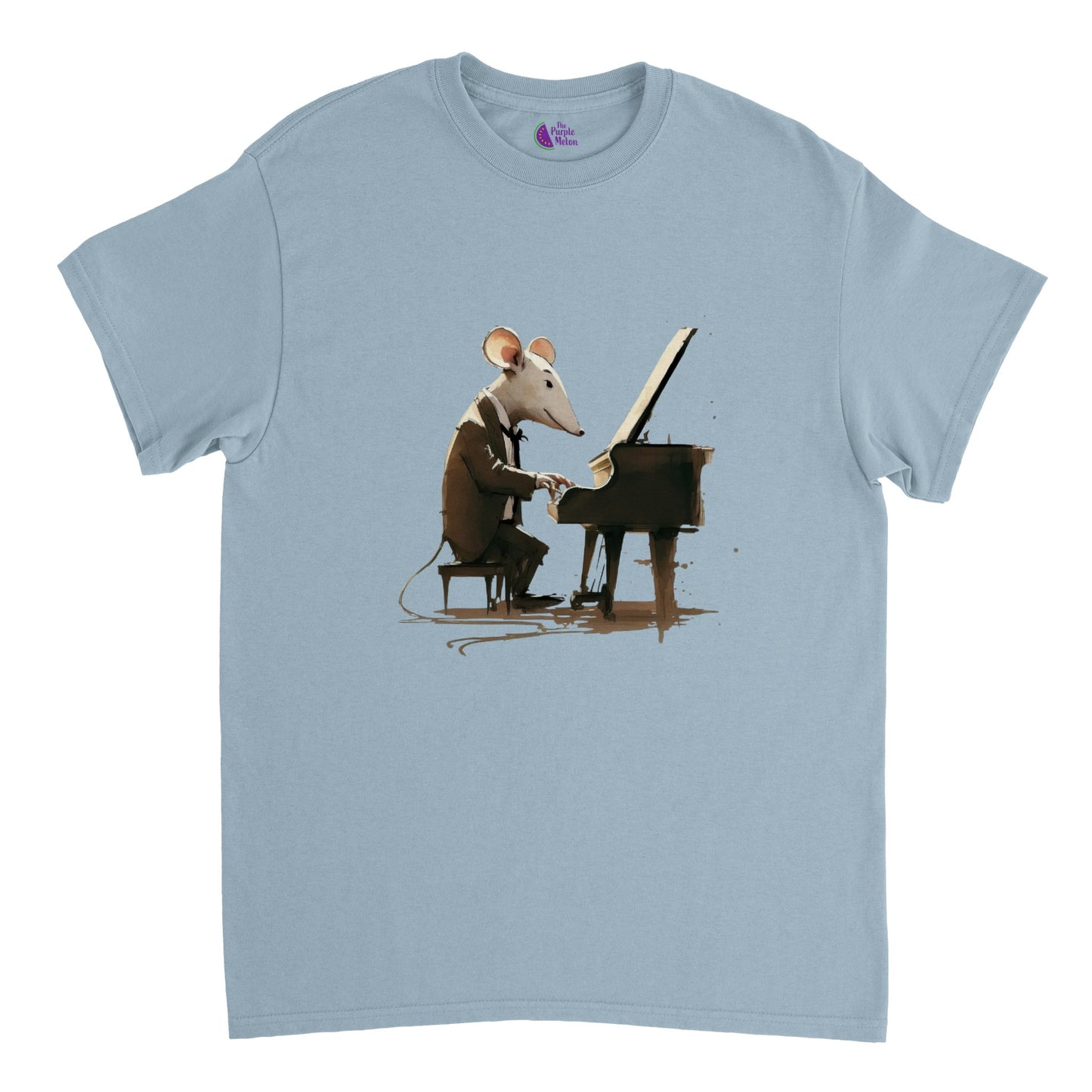 Light blue t-shirt with a mouse playing a piano print