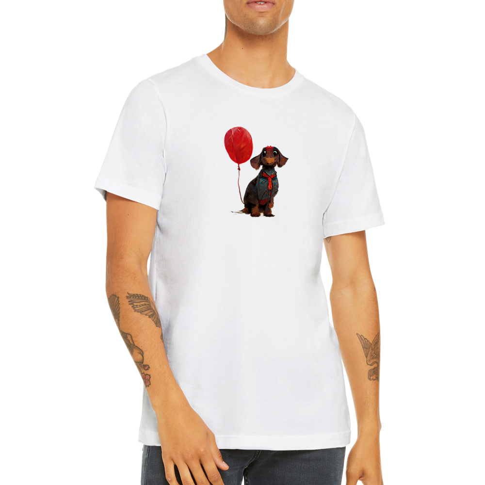 man wearing a white t-shirt with a dachshund dog with red balloon print