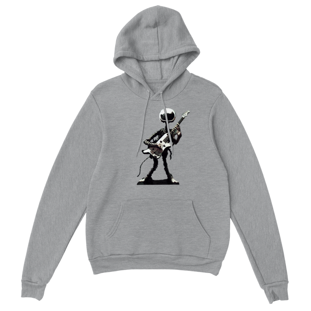 Light grey hoodie with an alien guitarist print on the front