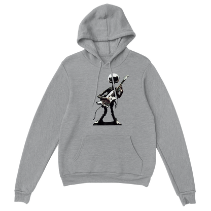 Light grey hoodie with an alien guitarist print on the front
