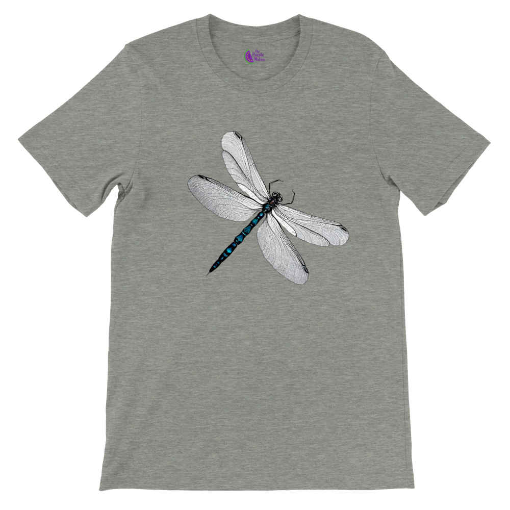 grey t-shirt with a dragonfly print