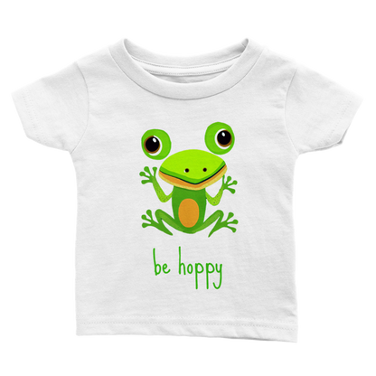baby's white t-shirt with cute be hoppy frog print