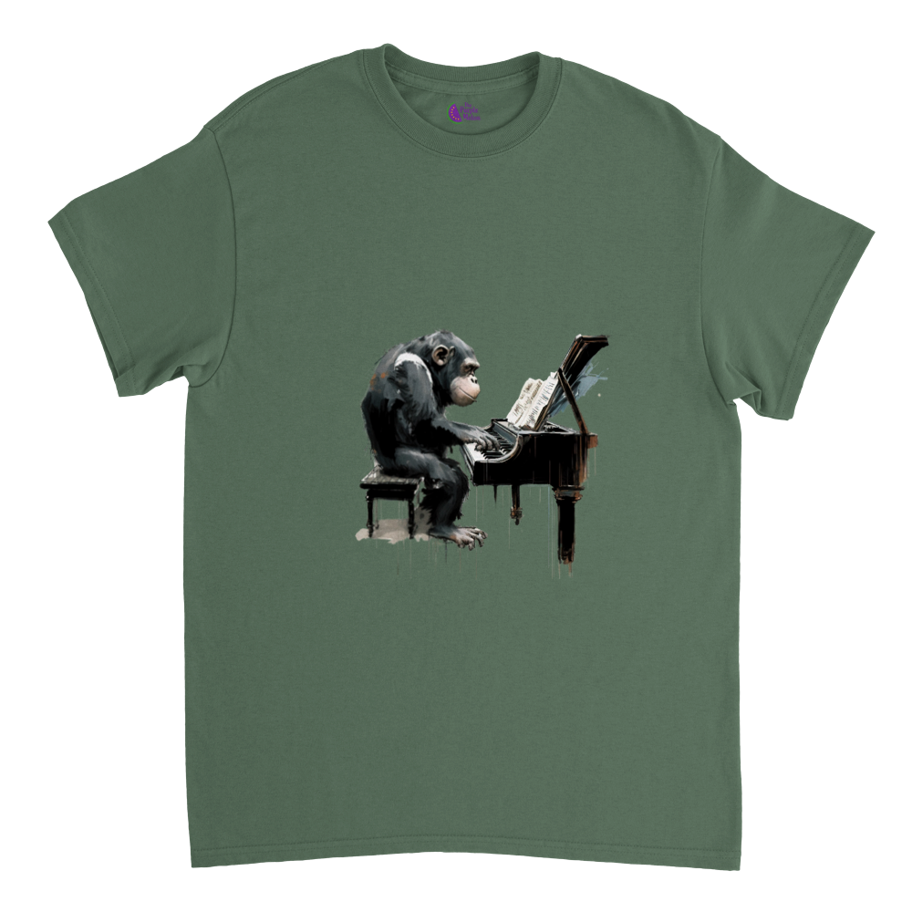 green t-shirt with a chimp playing the piano print