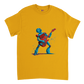 Gold t-shirt with a robot playing a red guitar