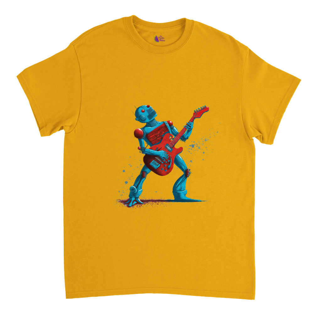 Gold t-shirt with a robot playing a red guitar