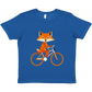 Royal blue t-shirt with a cute fox riding a bike print