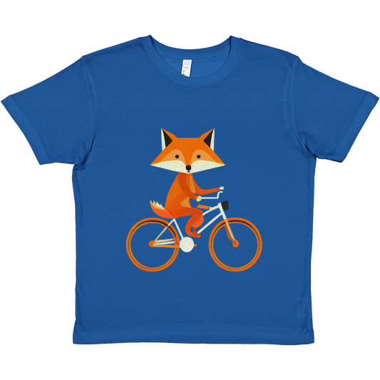 Royal blue t-shirt with a cute fox riding a bike print