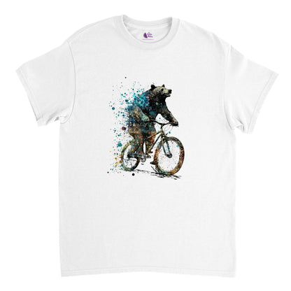White t-shirt with a happy bear riding a bike print