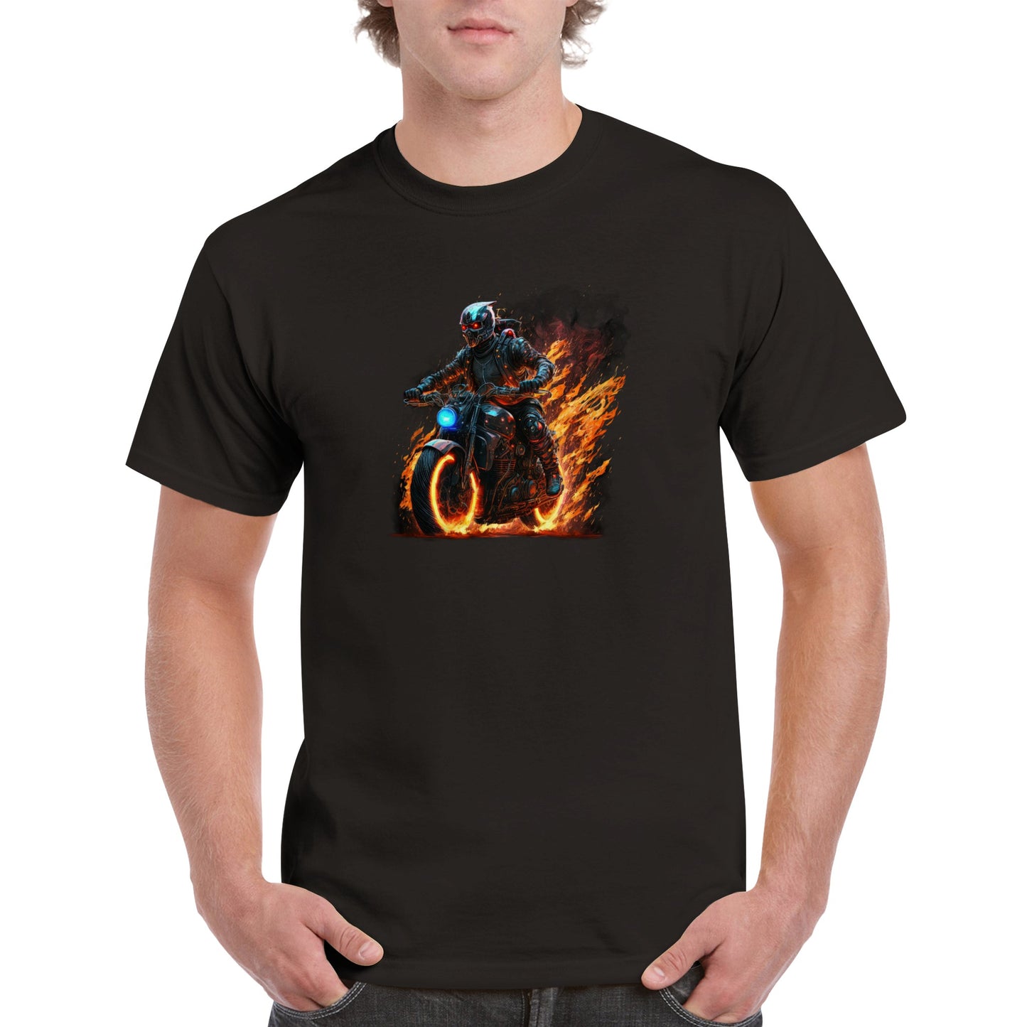 Space Robot on fire riding motorcycle Heavyweight Unisex Crewneck T-shirt