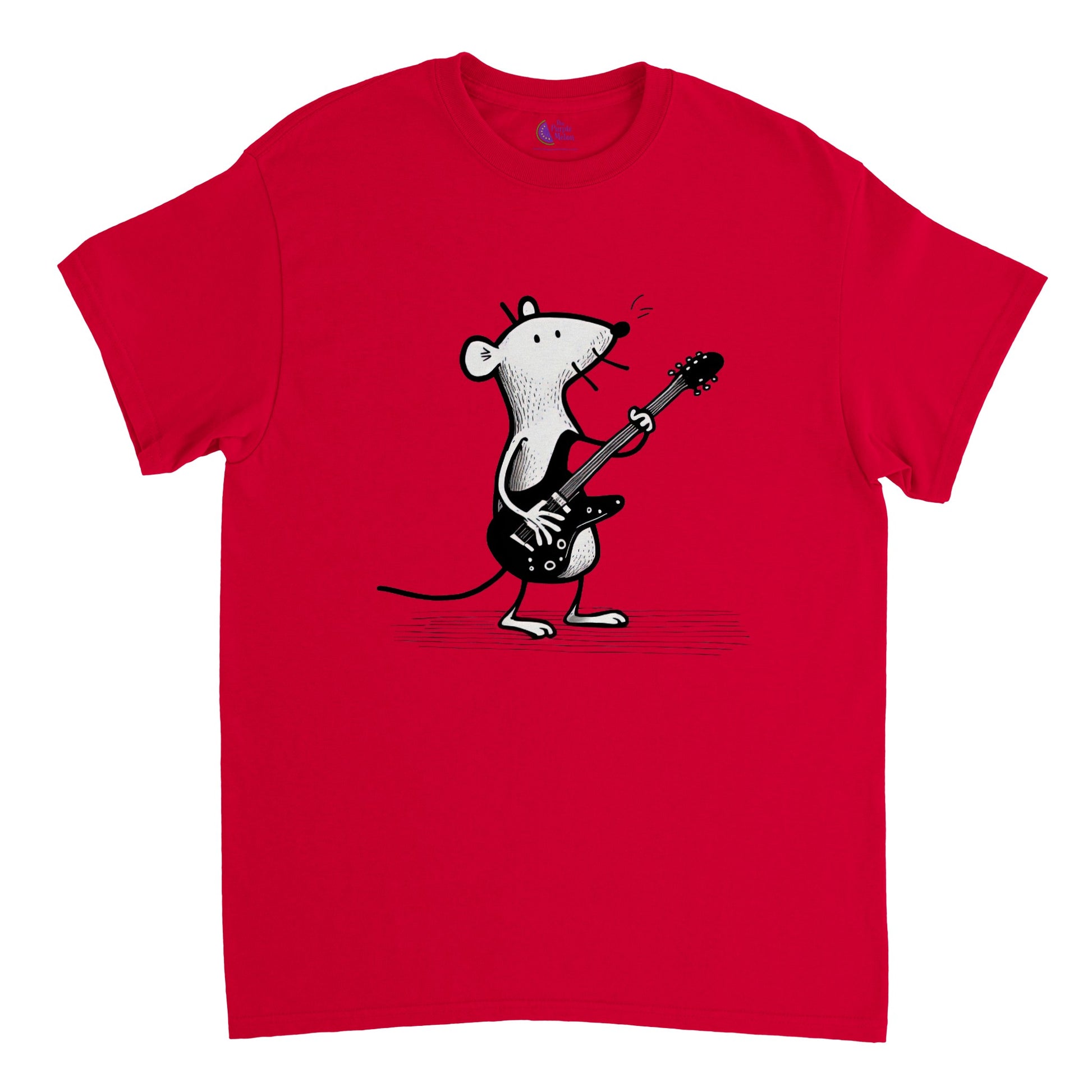 Red t-shirt with a mouse playing guitar print